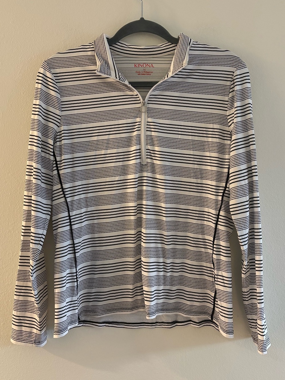 Kinona Black and White Striped Athletic Quarterzip Sweater Medium